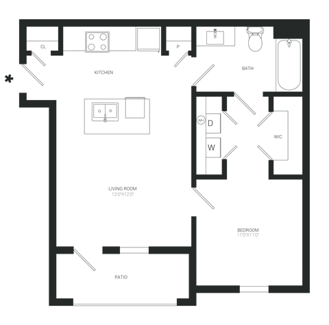 Floor plan for 1 bed, 1 bath, 597 sqft